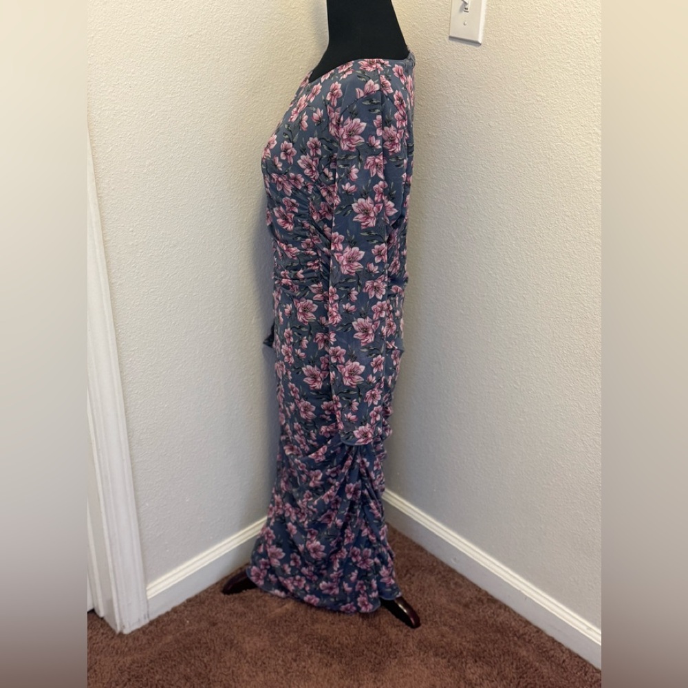 White House Black Market Floral Black Gray Pink Reversible Mesh Dress Ruched M - Picture 5 of 9